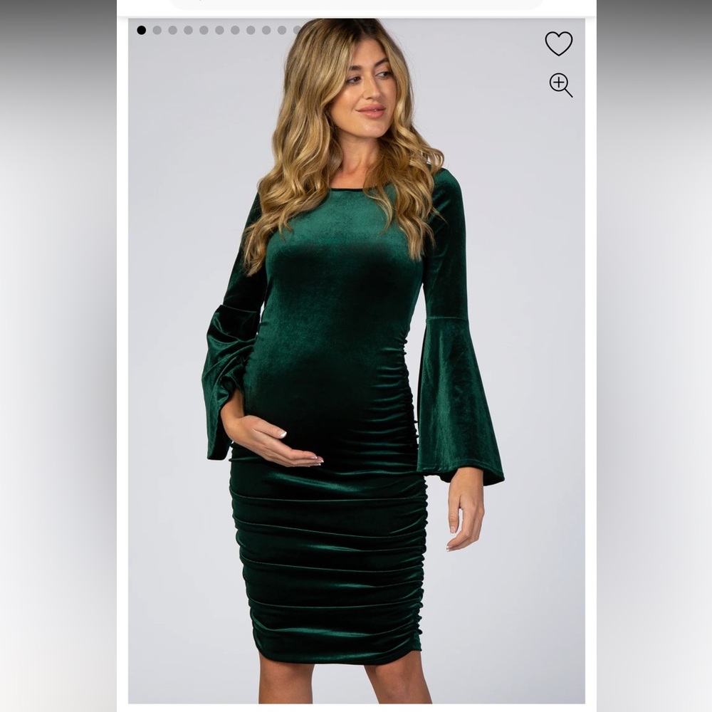Forest Green Velvet Ruched Bell Sleeve Maternity Dress size Medium